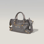 Balenciaga Classic City Borsa Motorcycle in Pelle di Capra Grigia con Borchie Dorate 30 cm