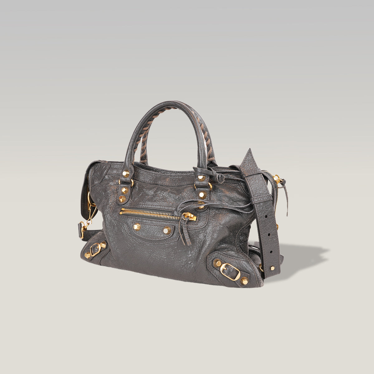 Balenciaga Classic City Borsa Motorcycle in Pelle di Capra Grigia con Borchie Dorate 30 cm