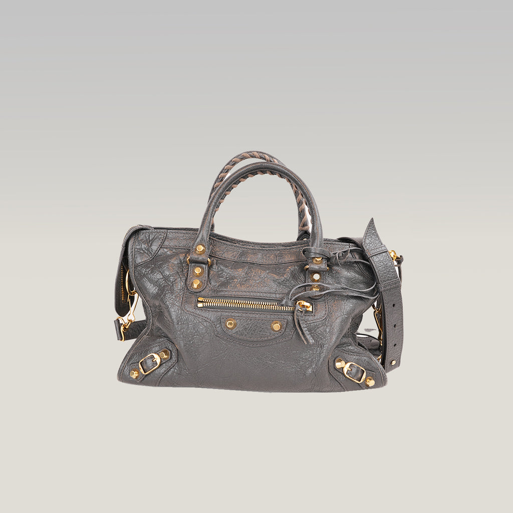 Balenciaga Classic City Borsa Motorcycle in Pelle di Capra Grigia con Borchie Dorate 30 cm