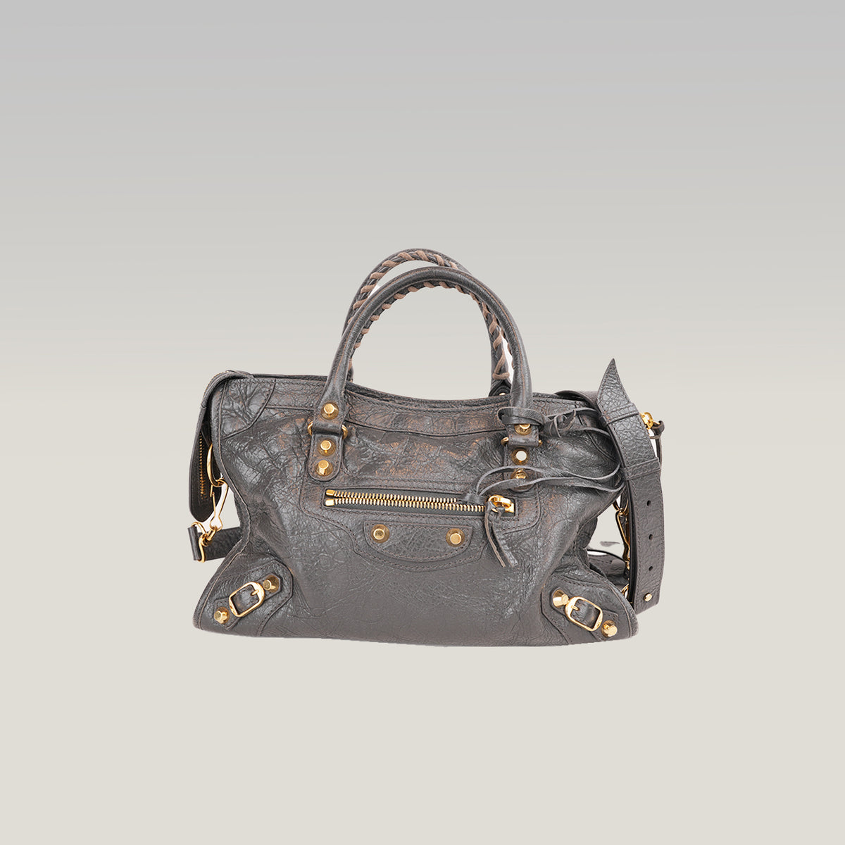 Balenciaga Classic City Borsa Motorcycle in Pelle di Capra Grigia con Borchie Dorate 30 cm