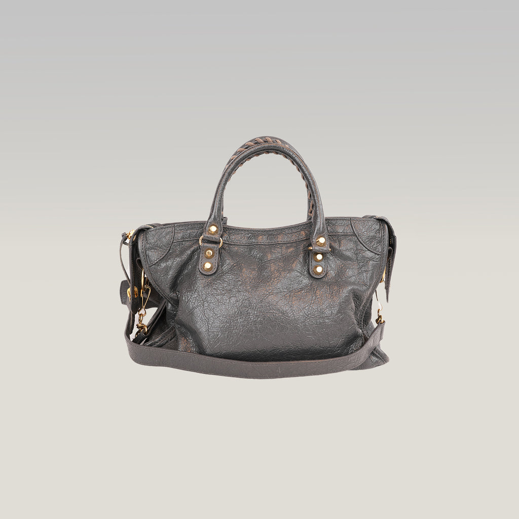 Balenciaga Classic City Borsa Motorcycle in Pelle di Capra Grigia con Borchie Dorate 30 cm