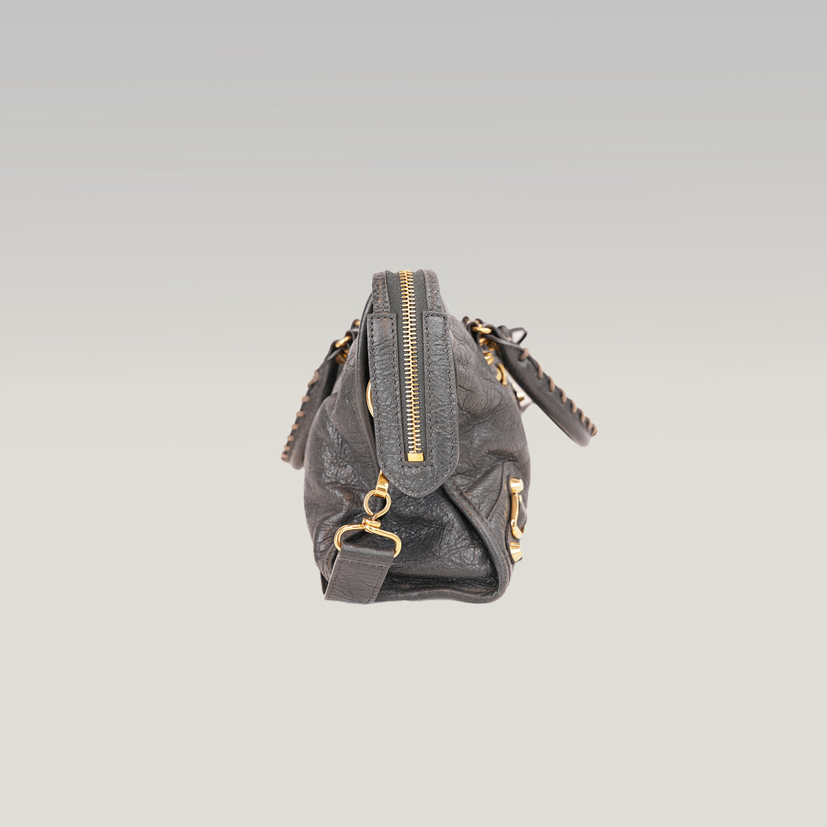 Balenciaga Classic City Borsa Motorcycle in Pelle di Capra Grigia con Borchie Dorate 30 cm