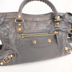 Balenciaga Classic City Borsa Motorcycle in Pelle di Capra Grigia con Borchie Dorate 30 cm