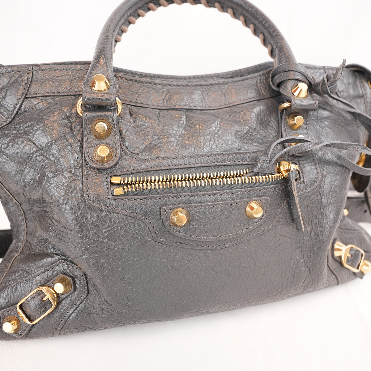 Balenciaga Classic City Borsa Motorcycle in Pelle di Capra Grigia con Borchie Dorate 30 cm