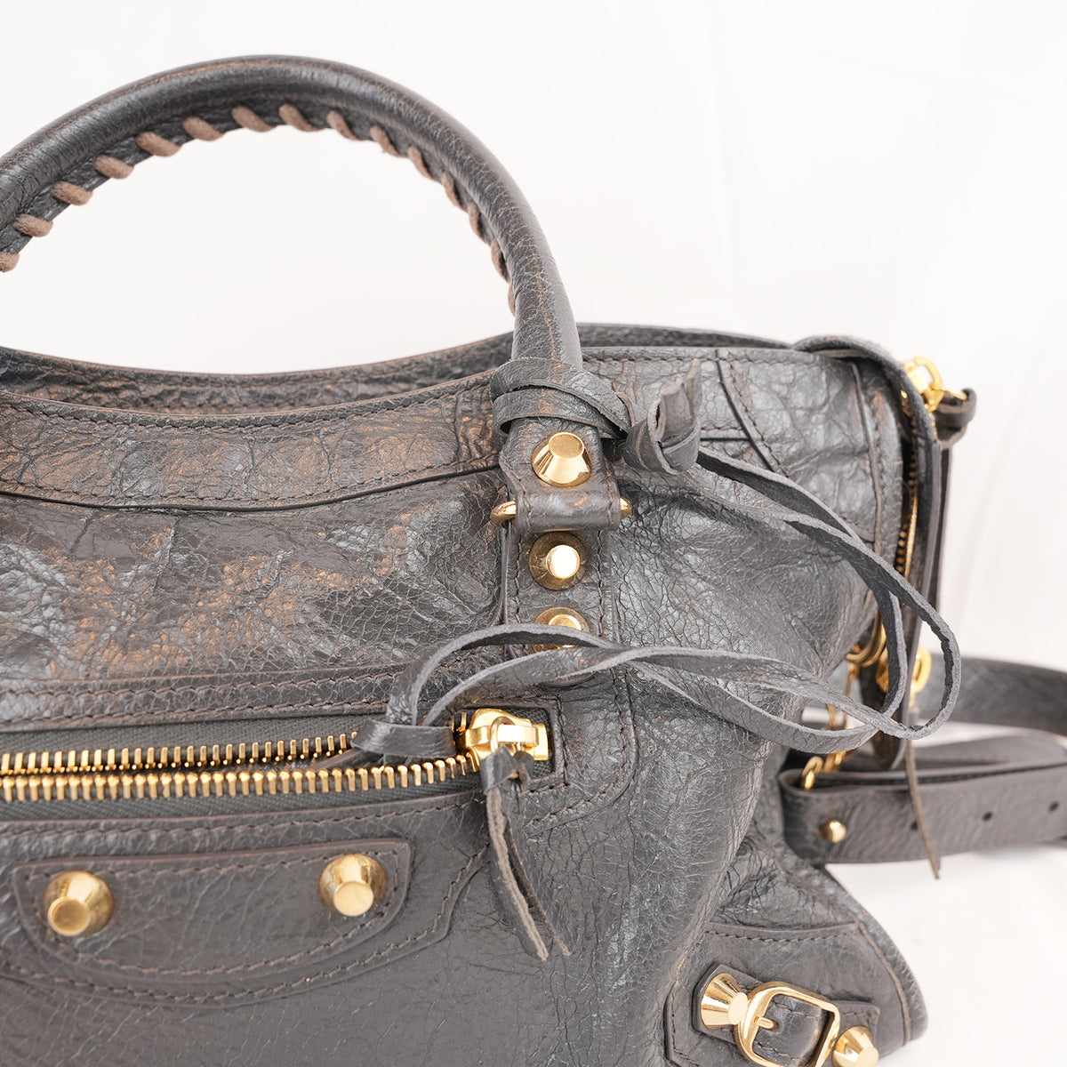 Balenciaga Classic City Borsa Motorcycle in Pelle di Capra Grigia con Borchie Dorate 30 cm