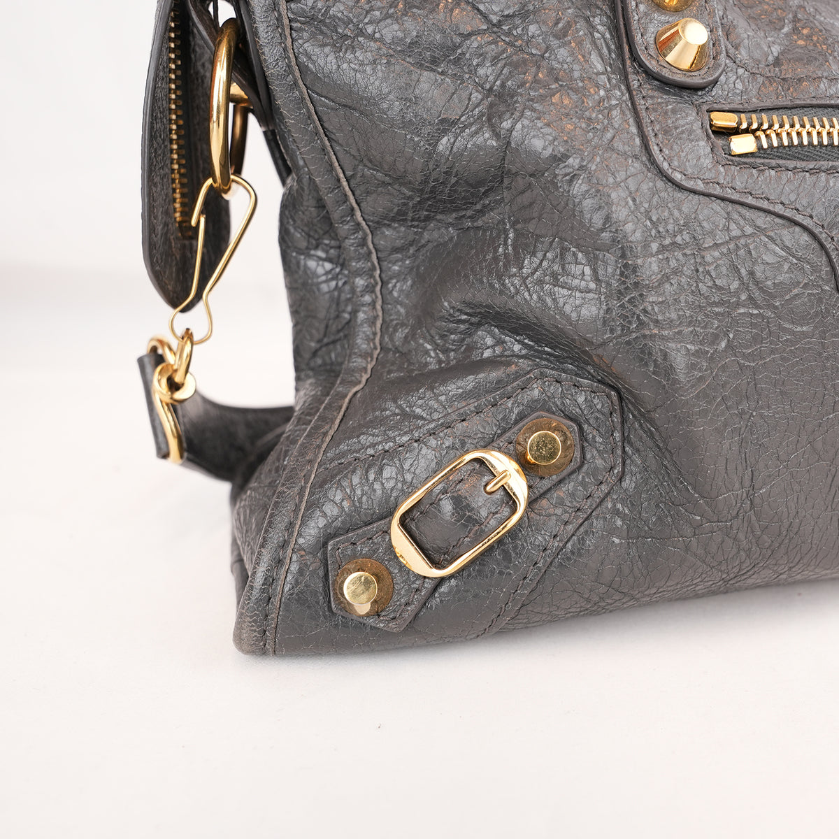 Balenciaga Classic City Borsa Motorcycle in Pelle di Capra Grigia con Borchie Dorate 30 cm