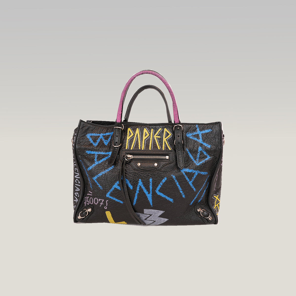 Balenciaga Papier A6 Graffiti Borsa a Mano Piccola in Pelle Nera con Borchie