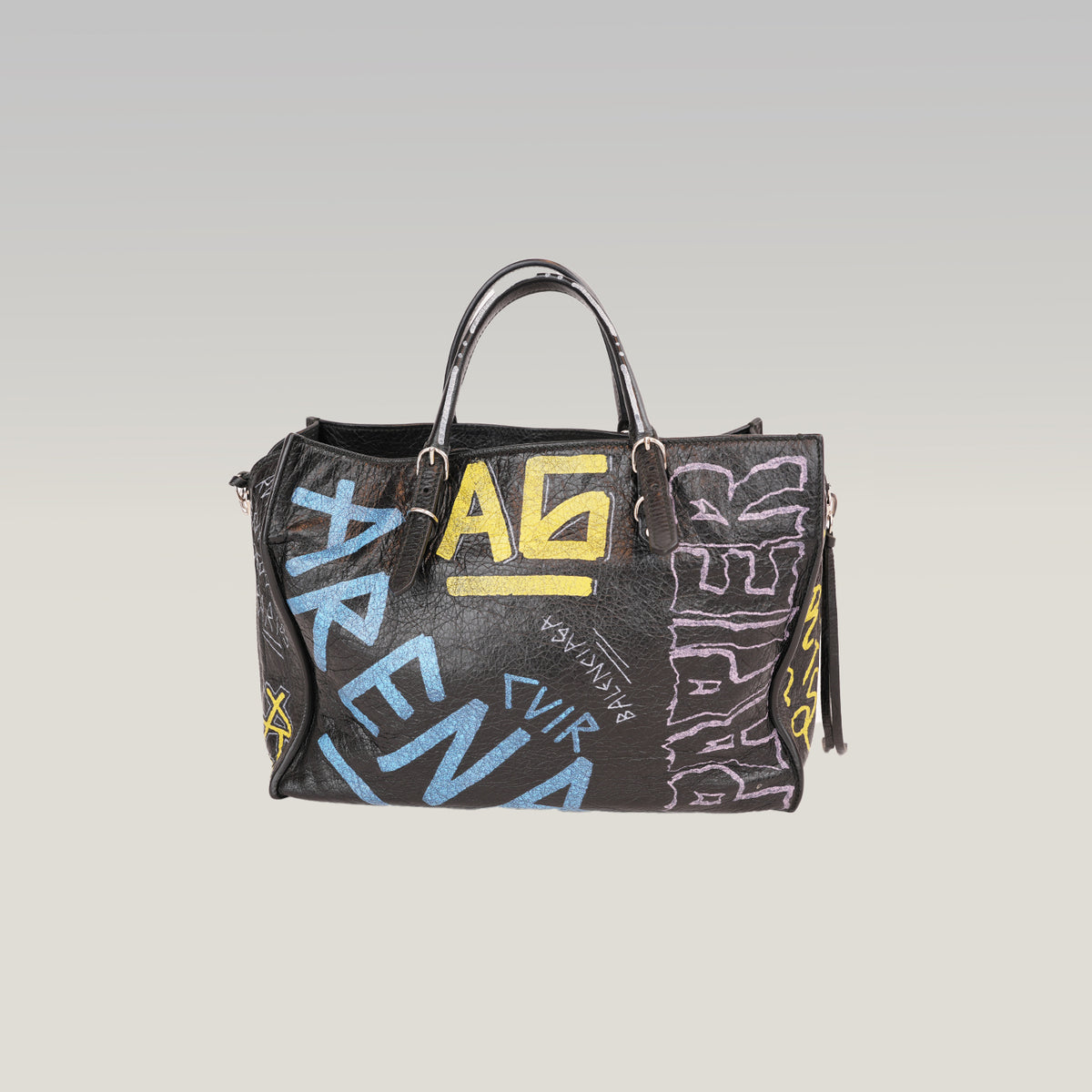 Balenciaga Papier A6 Graffiti Borsa a Mano Piccola in Pelle Nera con Borchie