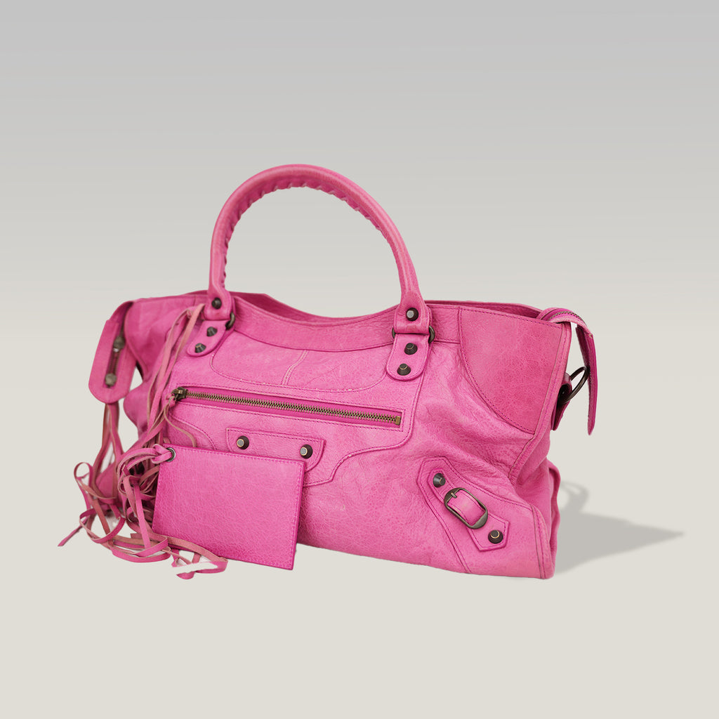 Balenciaga City Motorcycle Borsa a Mano in Pelle Rosa con Borchie e Specchietto