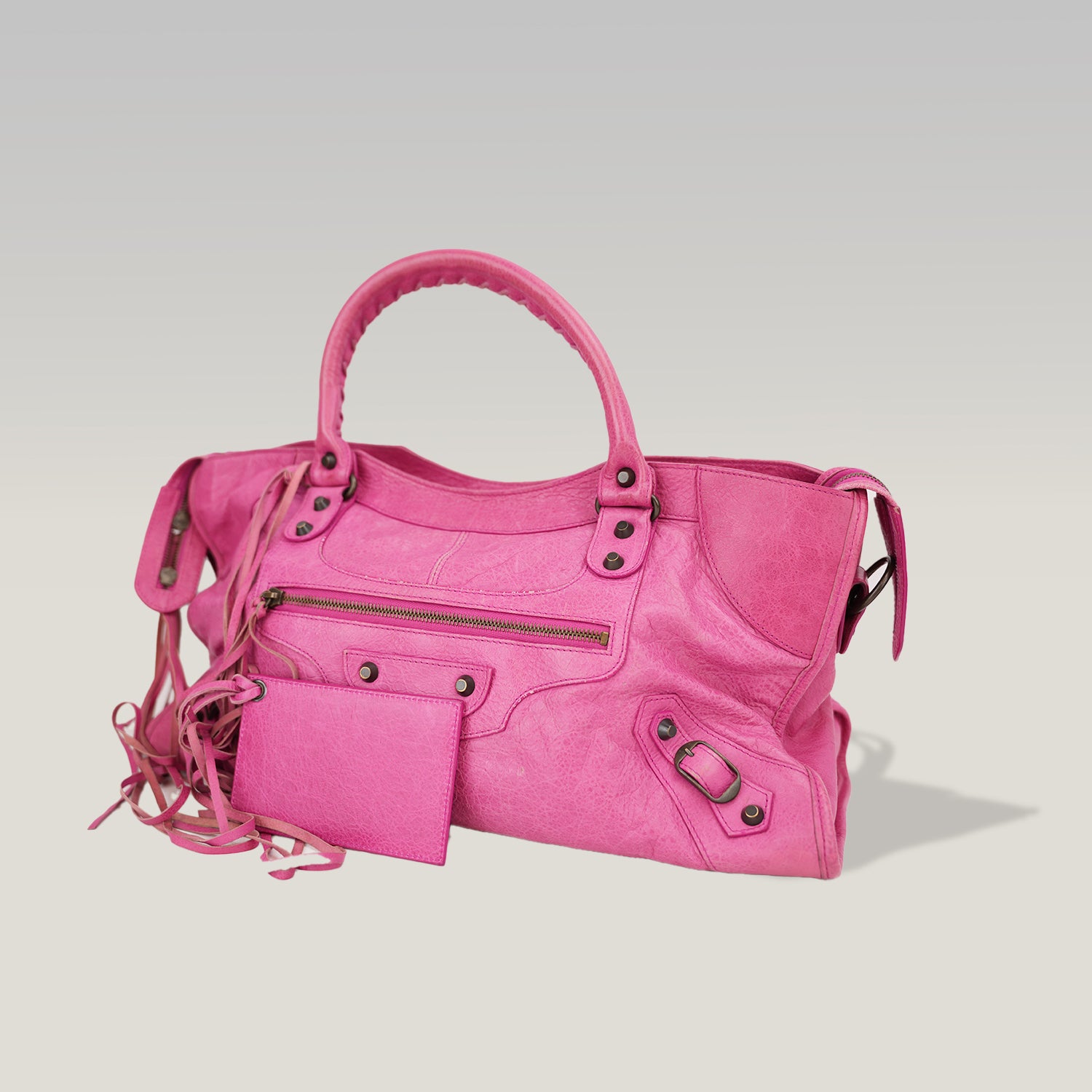 Balenciaga City Motorcycle Borsa a Mano in Pelle Rosa con Borchie e Specchietto