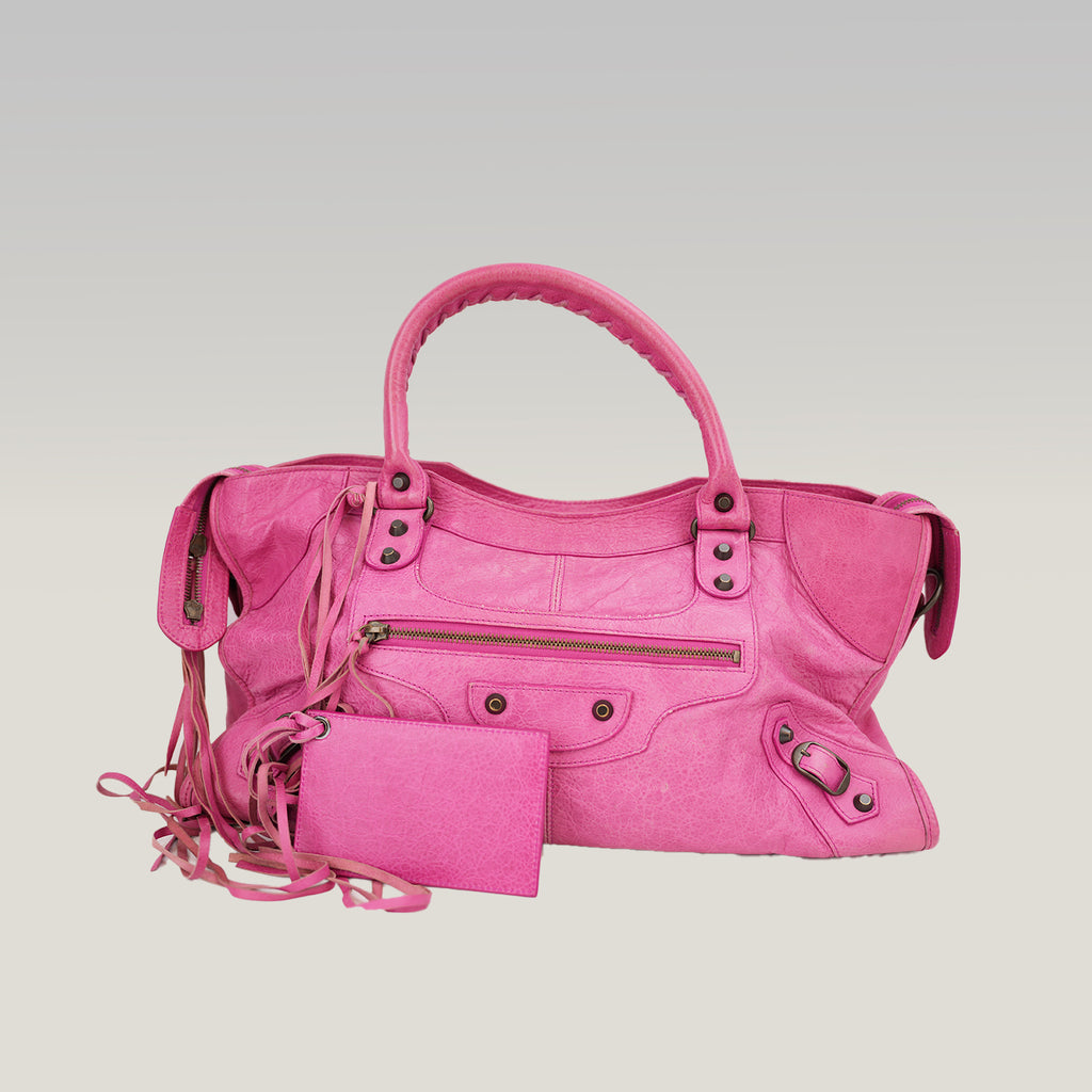 Balenciaga City Motorcycle Borsa a Mano in Pelle Rosa con Borchie e Specchietto