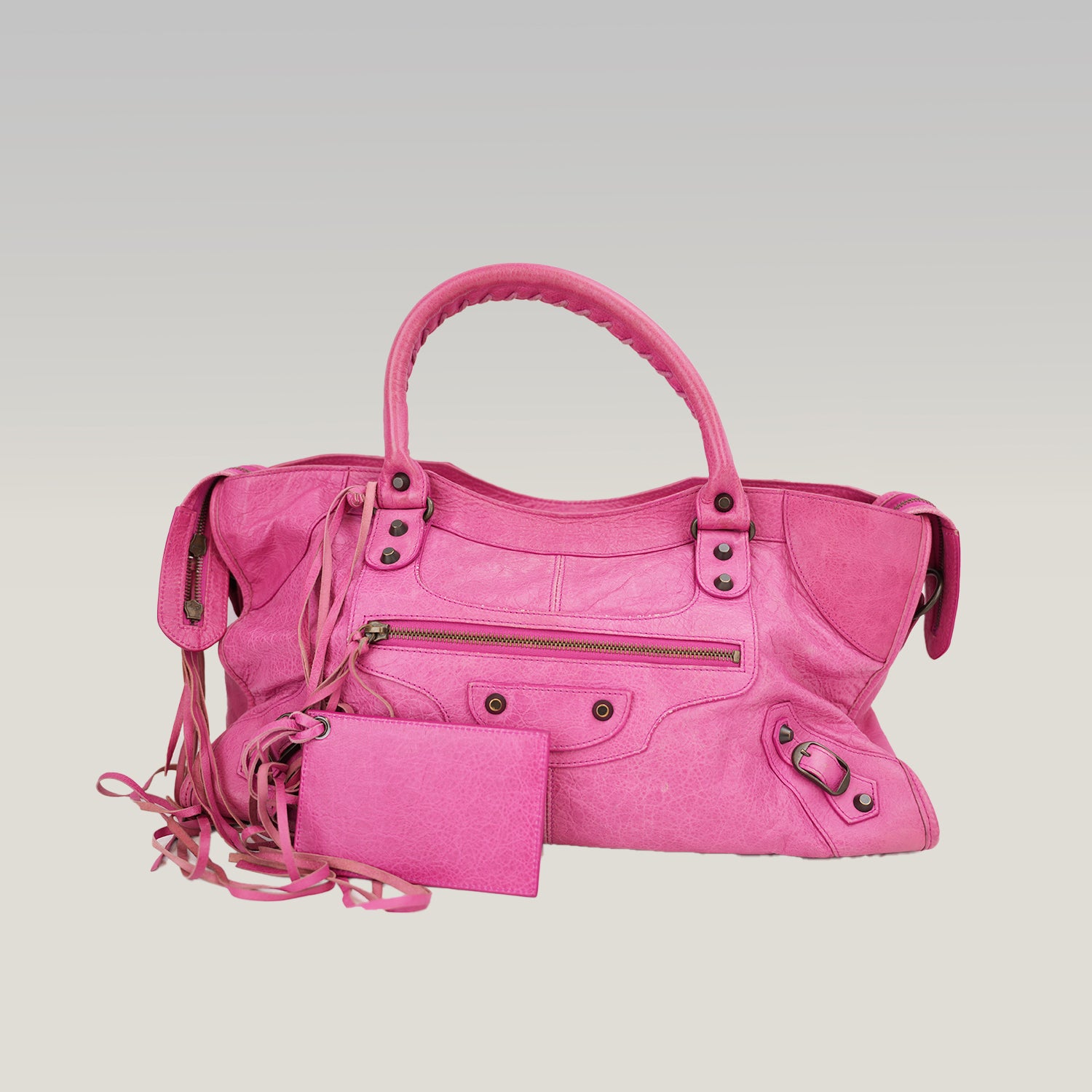 Balenciaga City Motorcycle Borsa a Mano in Pelle Rosa con Borchie e Specchietto