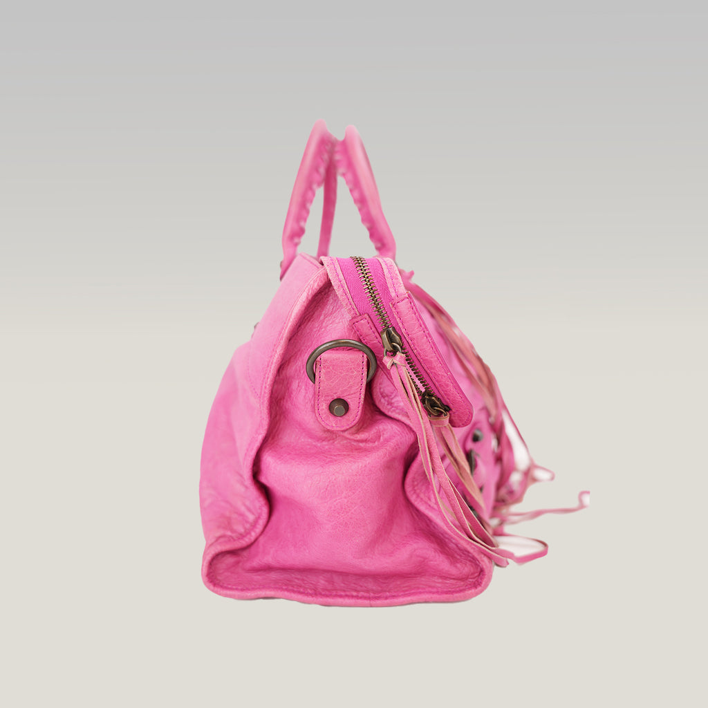 Balenciaga City Motorcycle Borsa a Mano in Pelle Rosa con Borchie e Specchietto