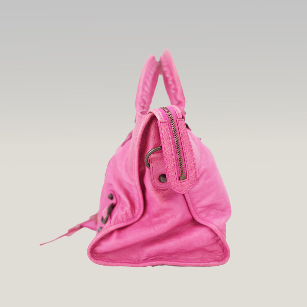 Balenciaga City Motorcycle Borsa a Mano in Pelle Rosa con Borchie e Specchietto