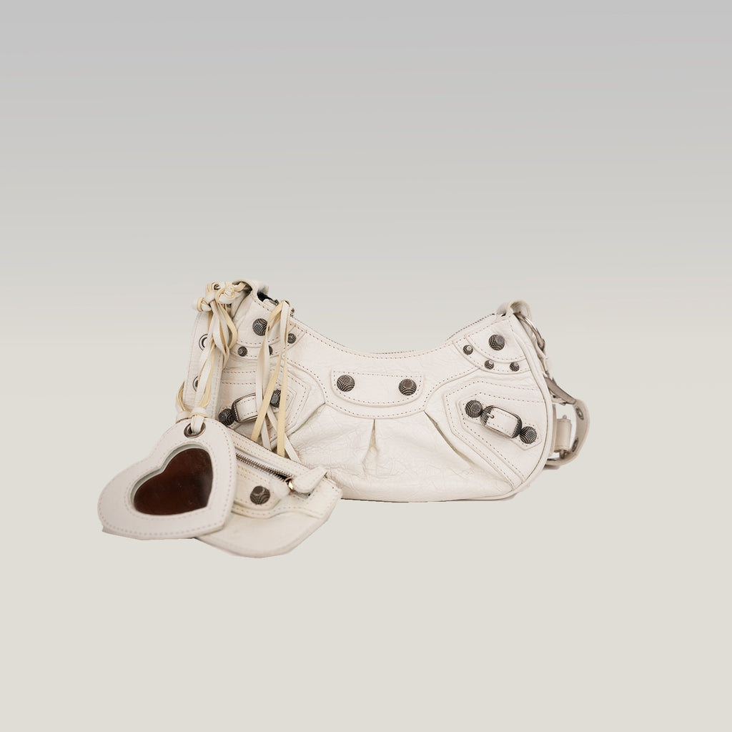 Balenciaga Le Cagole XS Bianca in Pelle di Agnello Arena con Hardware Argento Anticato