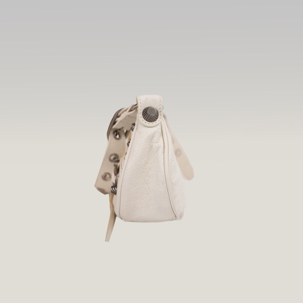 Balenciaga Le Cagole XS Bianca in Pelle di Agnello Arena con Hardware Argento Anticato