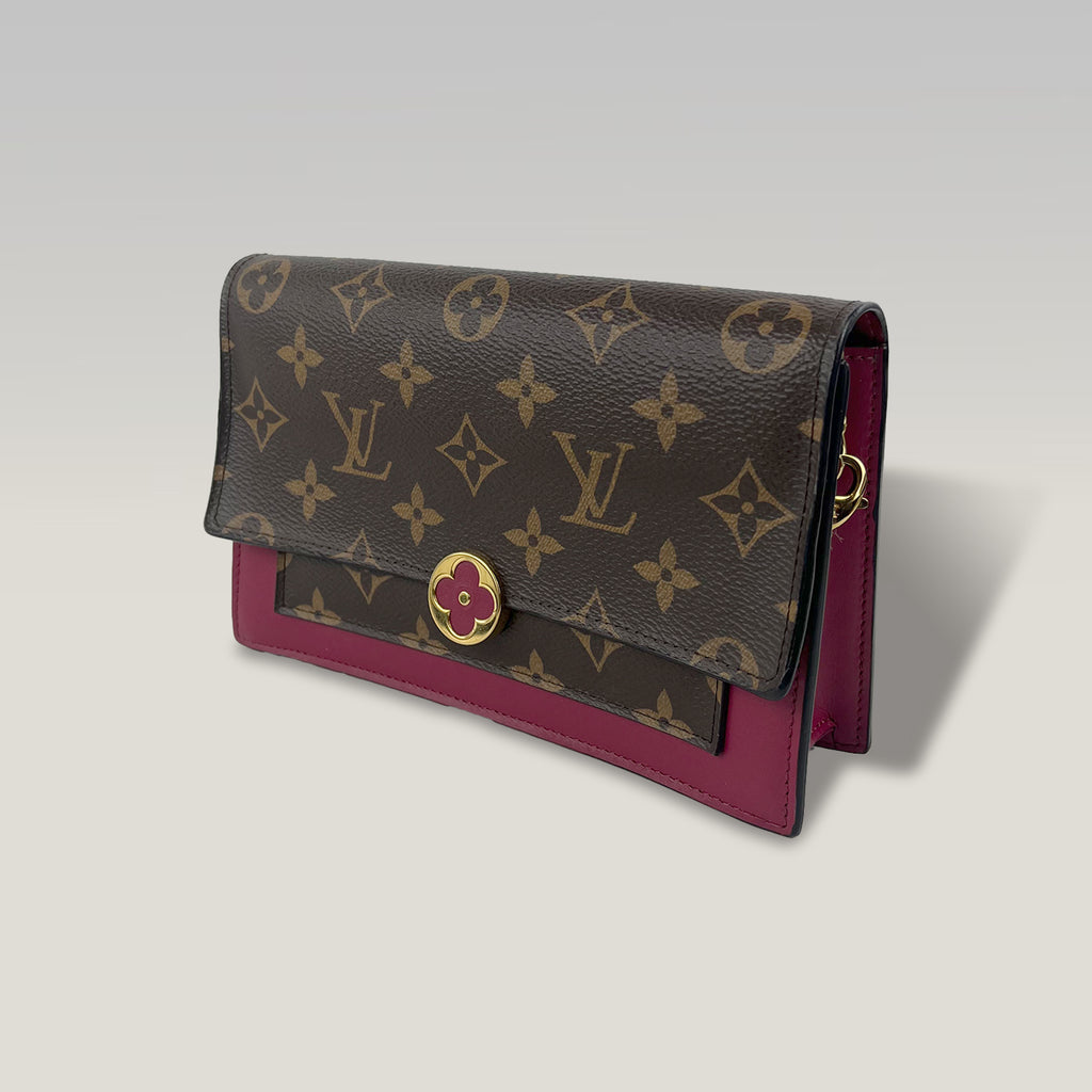 Louis Vuitton Flore Chain Wallet Monogram Canvas & Rose Red Leather WOC Crossbody Bag