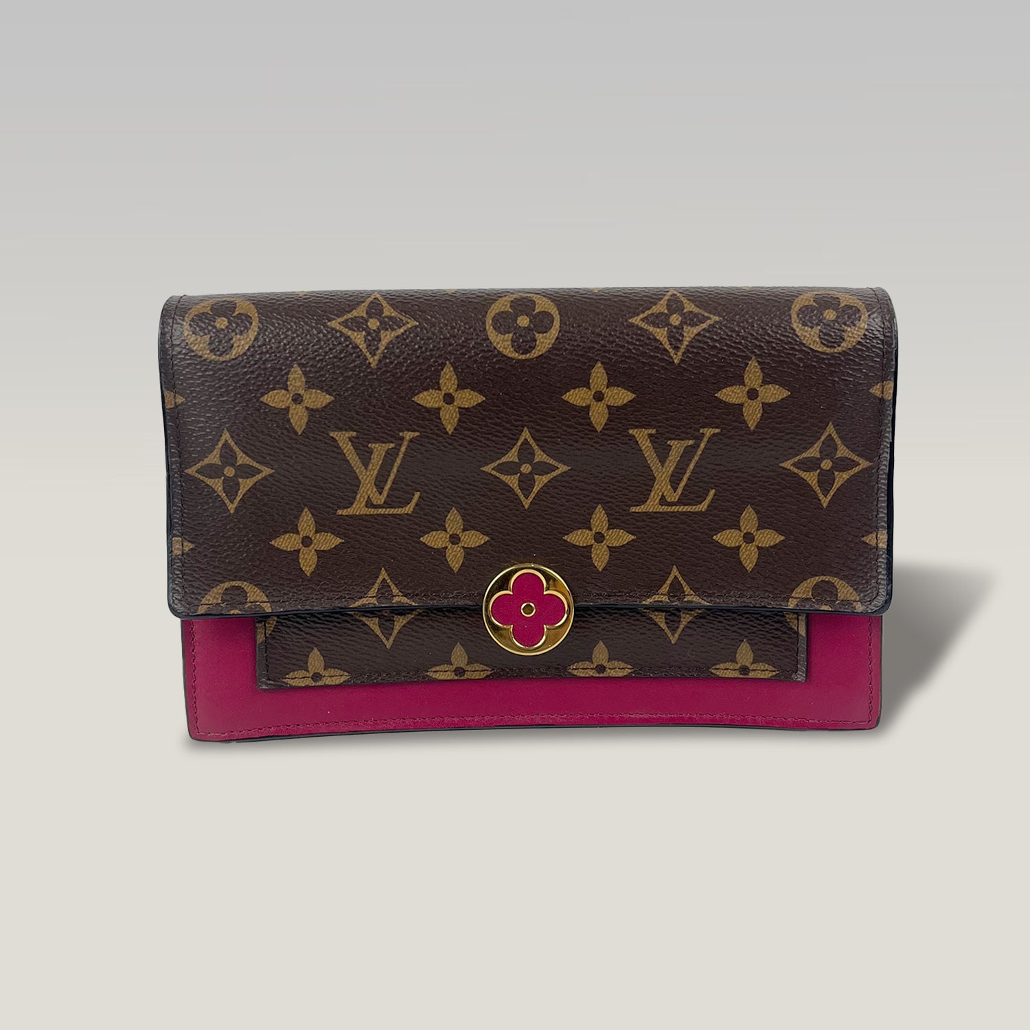 Louis Vuitton Flore Chain Wallet Monogram Canvas & Rose Red Leather WOC Crossbody Bag