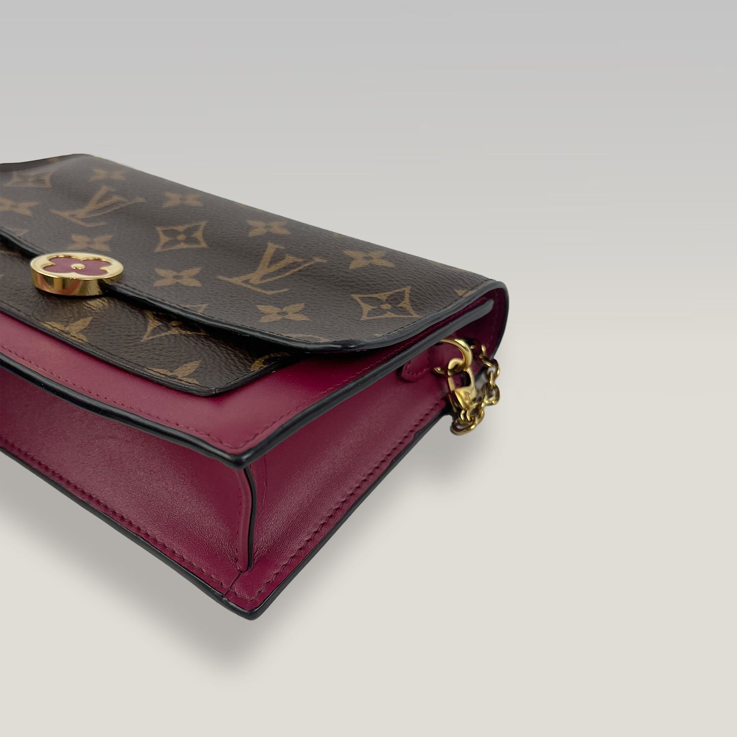 Louis Vuitton Flore Chain Wallet Monogram Canvas & Rose Red Leather WOC Crossbody Bag