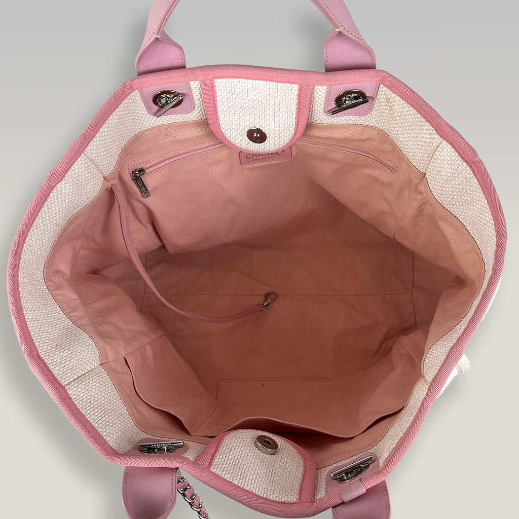 Chanel Deauville Medium Tote Bianca e Rosa in Tessuto con Manici in Pelle