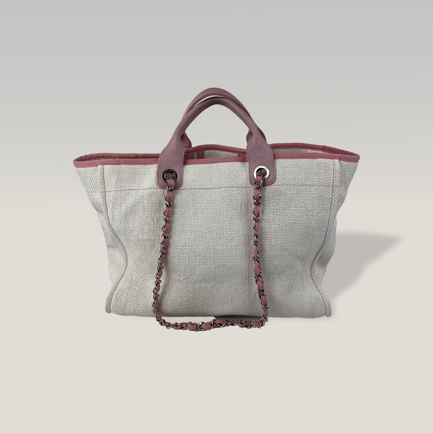 Chanel Deauville Medium Tote Bianca e Rosa in Tessuto con Manici in Pelle
