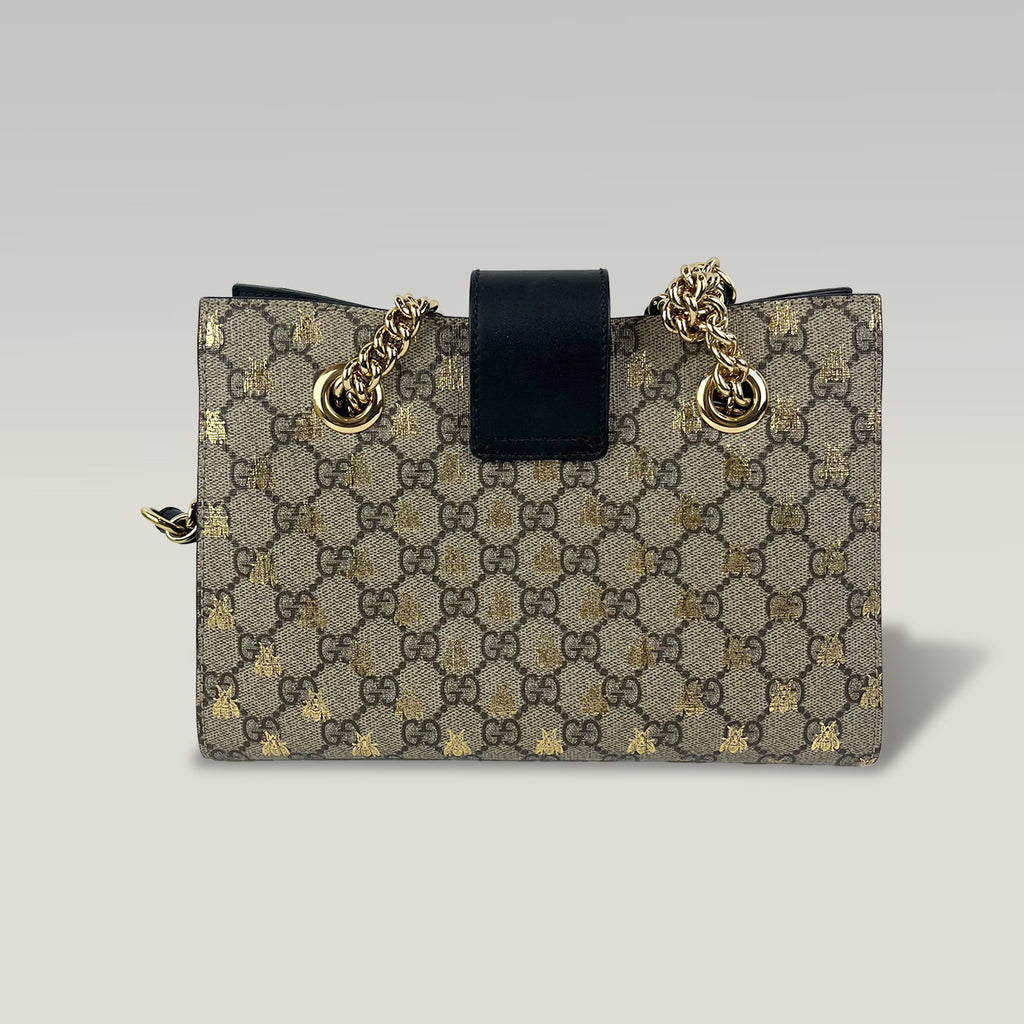 Gucci Padlock GG Supreme Bees Small Shoulder Bag Beige Ebony Canvas & Black Leather