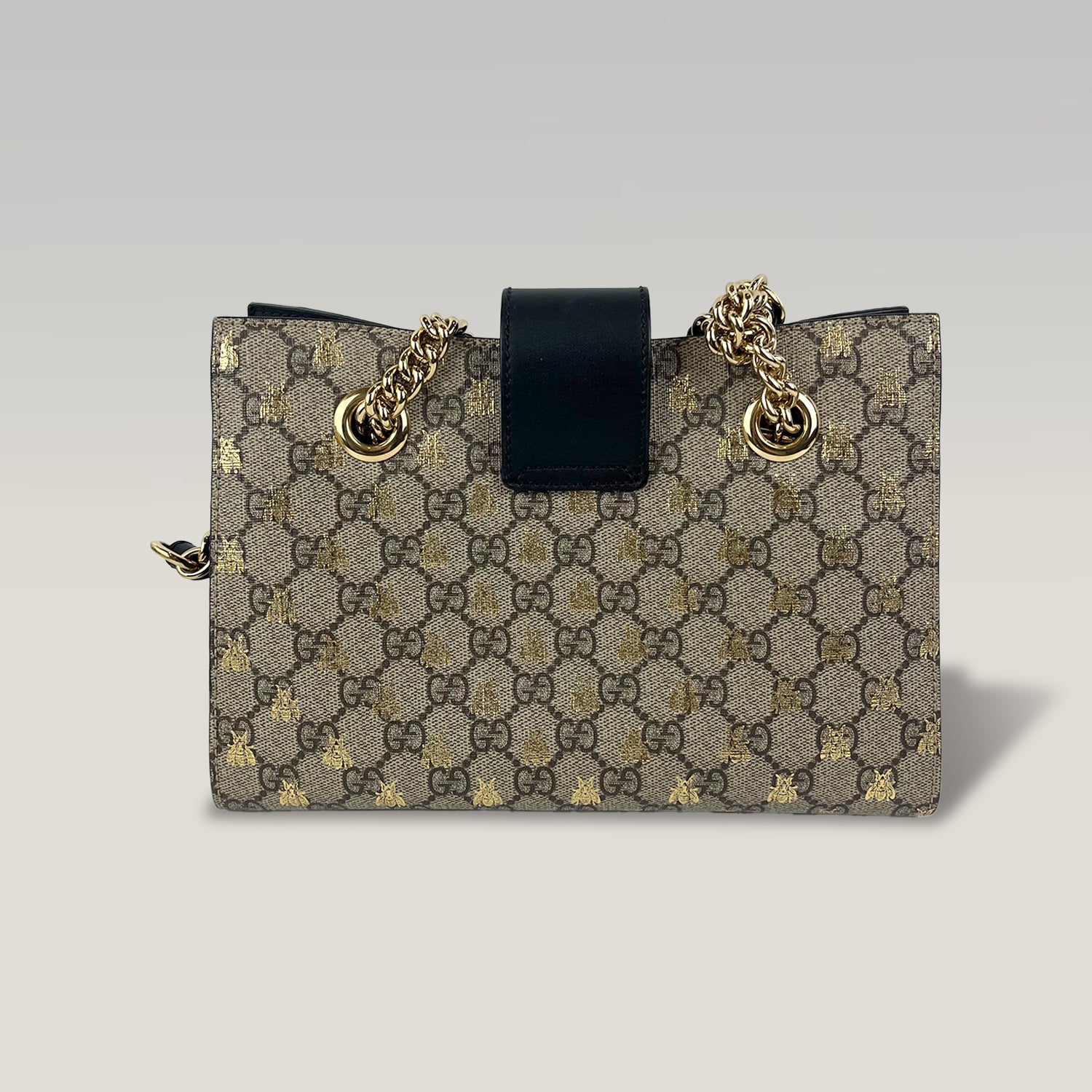 Gucci Padlock GG Supreme Bees Small Shoulder Bag Beige Ebony Canvas & Black Leather