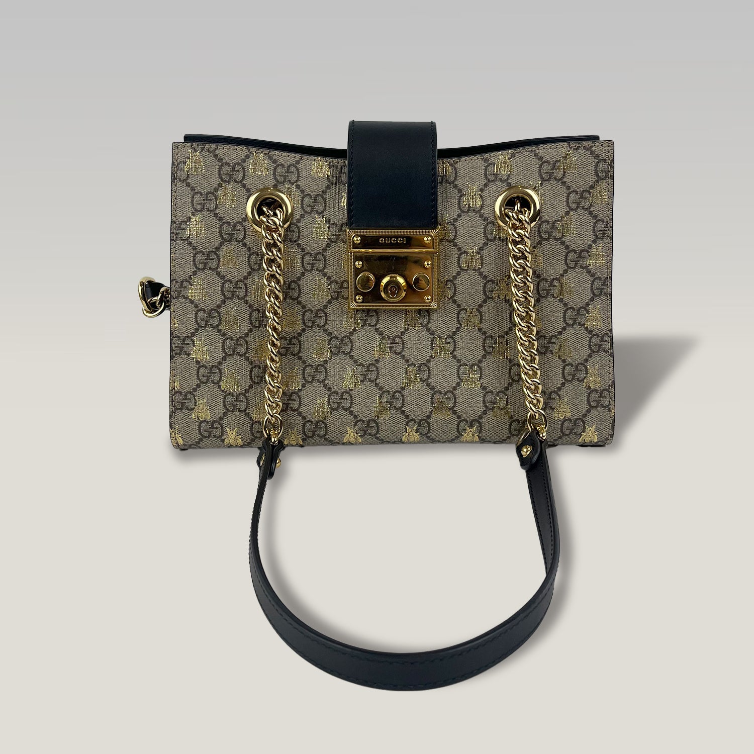 Gucci Padlock GG Supreme Bees Small Shoulder Bag Beige Ebony Canvas & Black Leather