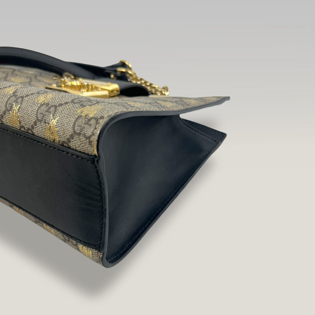 Gucci Padlock GG Supreme Bees Small Shoulder Bag Beige Ebony Canvas & Black Leather