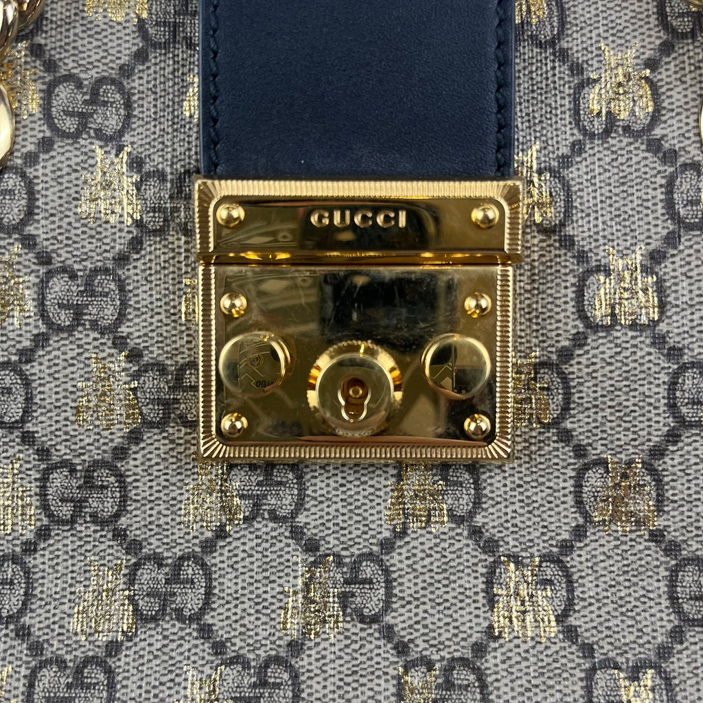 Gucci Padlock GG Supreme Bees Small Shoulder Bag Beige Ebony Canvas & Black Leather