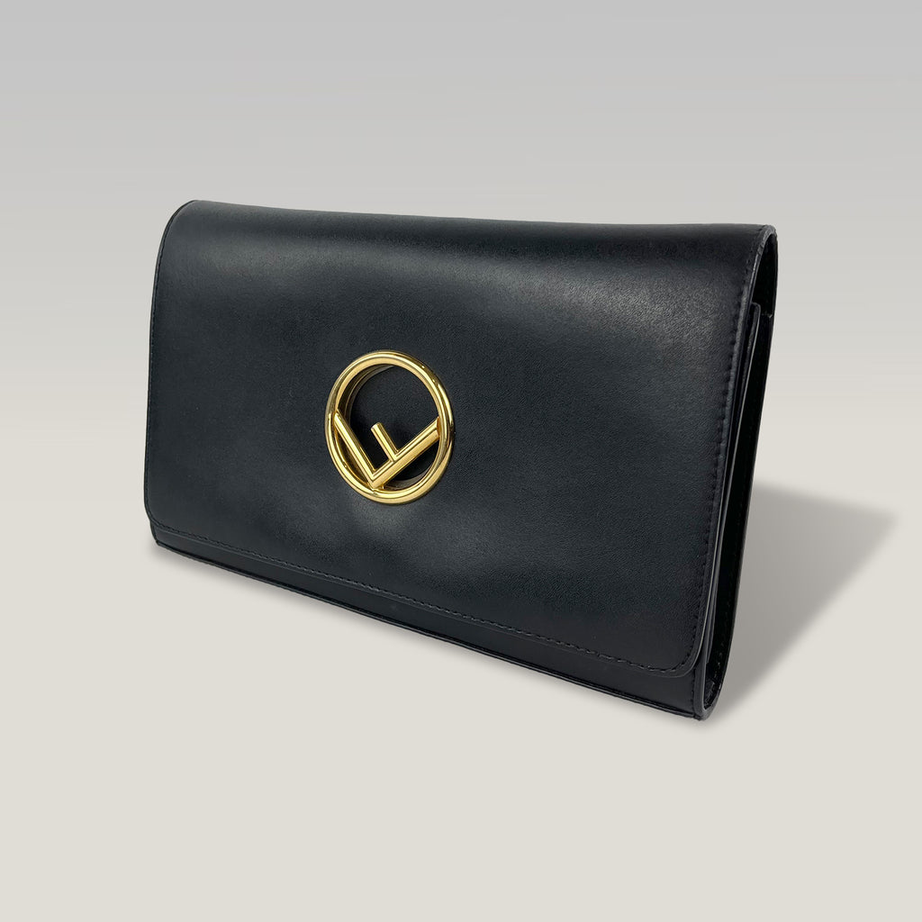 Fendi Kan I Logo Borsa a Tracolla in Pelle Nera con Catena Dorata | Shoulder Bag Donna