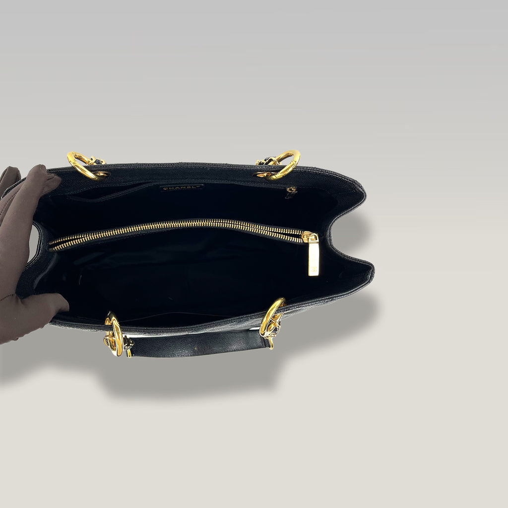 CHANEL GST Shopping Bag Media Nera Caviar Matelassé con Catena Oro