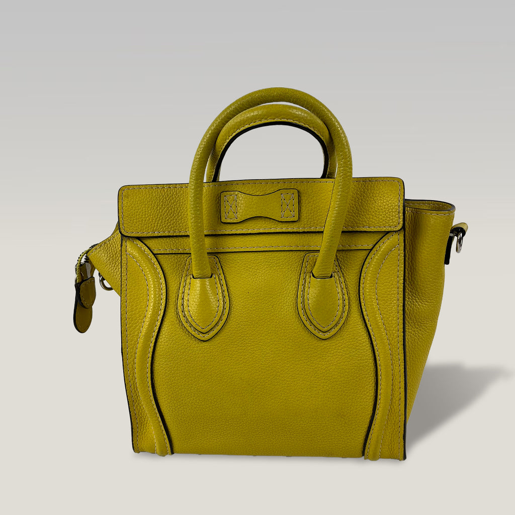 Celine Nano Luggage Tote in Pelle Gialla | Borsa a Mano e Tracolla Donna in Pelle Martellata