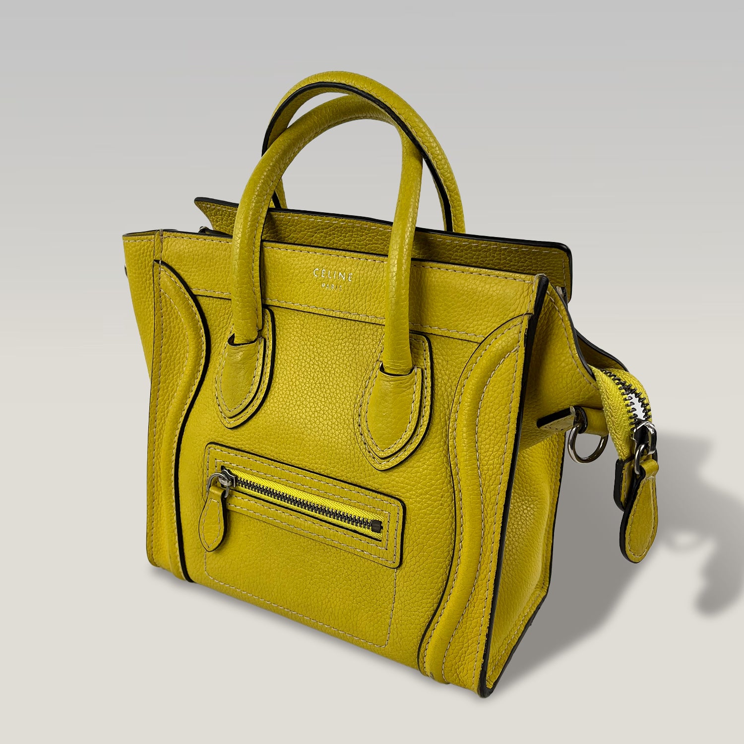 Celine Nano Luggage Tote in Pelle Gialla | Borsa a Mano e Tracolla Donna in Pelle Martellata