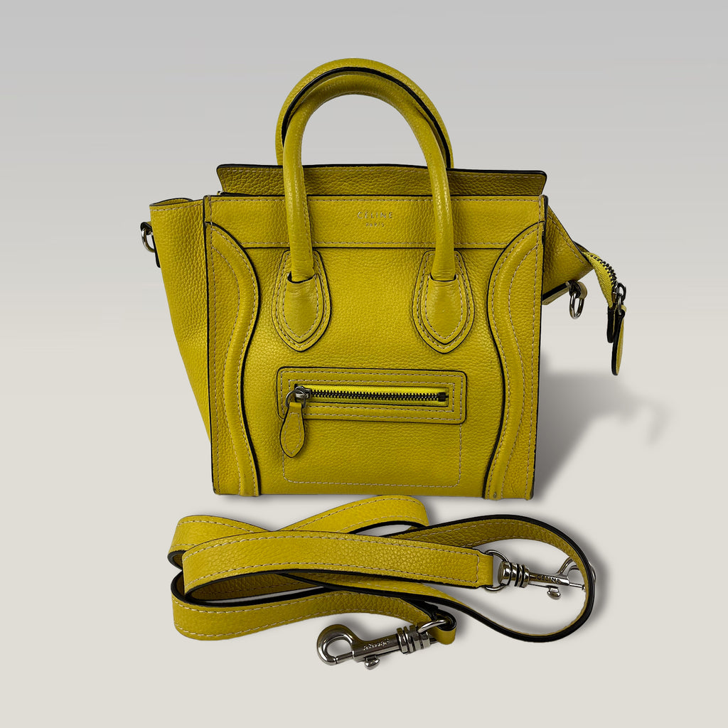 Celine Nano Luggage Tote in Pelle Gialla | Borsa a Mano e Tracolla Donna in Pelle Martellata