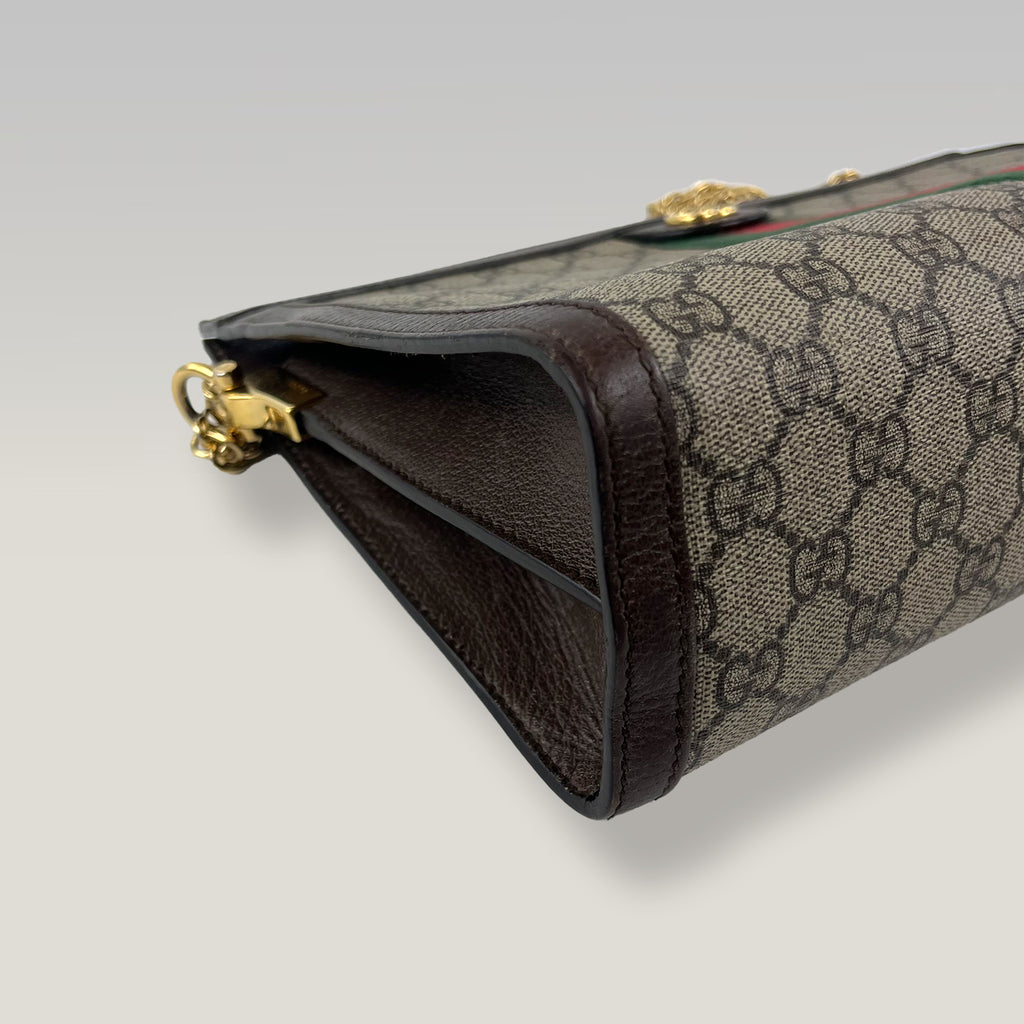 Gucci Ophidia Large GG Supreme Web Chain Shoulder Bag in Beige/Ebony Canvas and Brown Leather