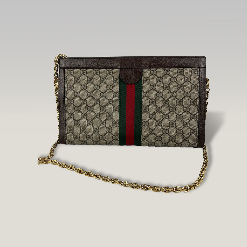 Gucci Ophidia Large GG Supreme Web Chain Shoulder Bag in Beige/Ebony Canvas and Brown Leather
