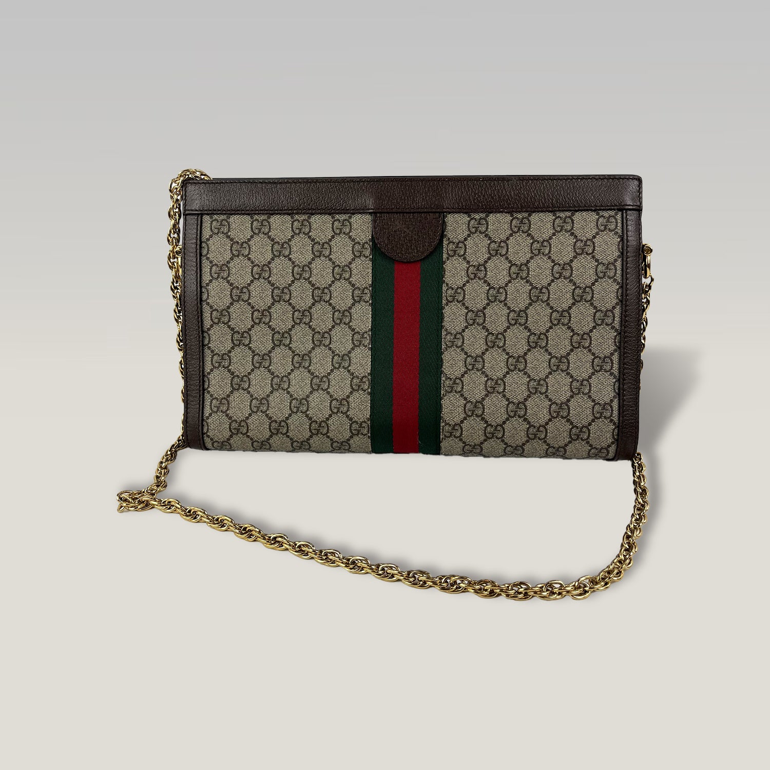 Gucci Ophidia Large GG Supreme Web Chain Shoulder Bag in Beige/Ebony Canvas and Brown Leather