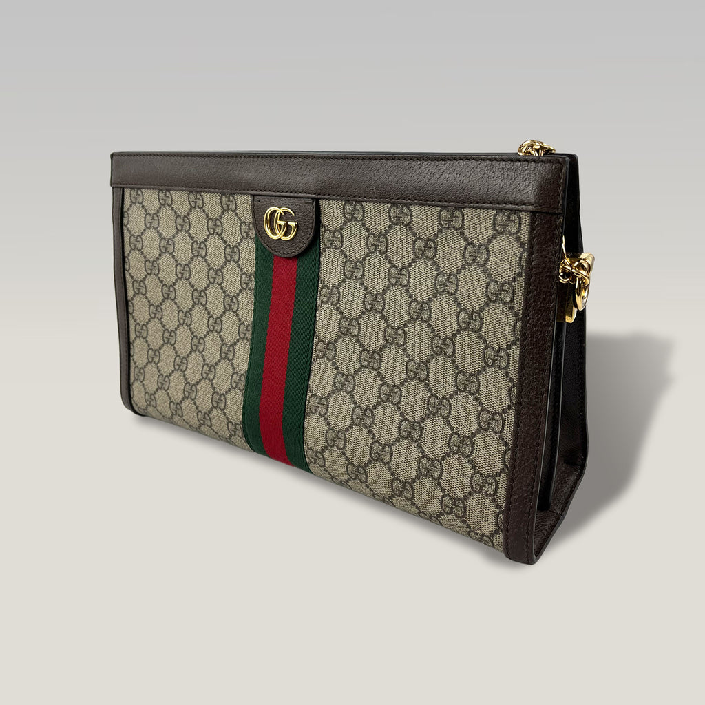 Gucci Ophidia Large GG Supreme Web Chain Shoulder Bag in Beige/Ebony Canvas and Brown Leather