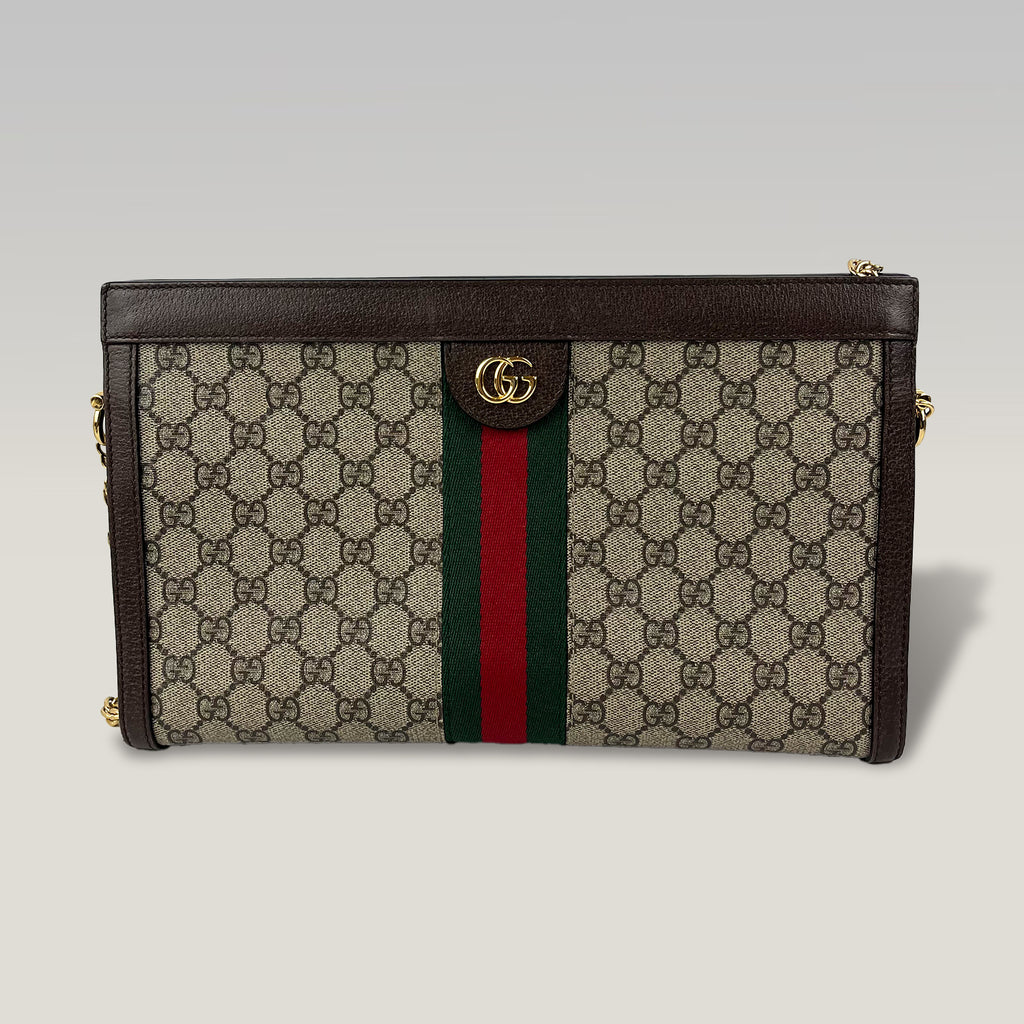 Gucci Ophidia Large GG Supreme Web Chain Shoulder Bag in Beige/Ebony Canvas and Brown Leather
