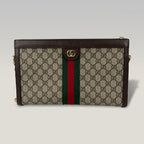 Gucci Ophidia Large GG Supreme Web Chain Shoulder Bag in Beige/Ebony Canvas and Brown Leather