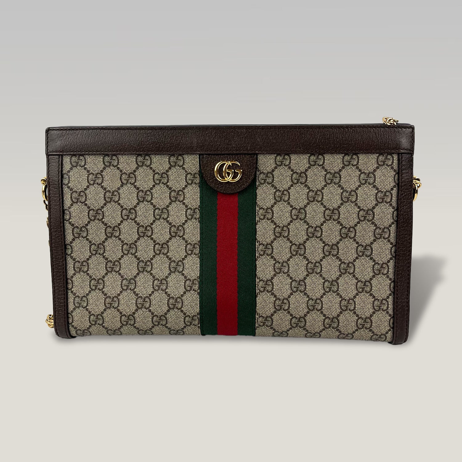 Gucci Ophidia Large GG Supreme Web Chain Shoulder Bag in Beige/Ebony Canvas and Brown Leather