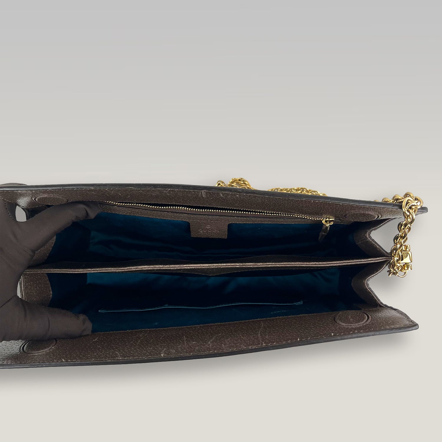 Gucci Ophidia Large GG Supreme Web Chain Shoulder Bag in Beige/Ebony Canvas and Brown Leather
