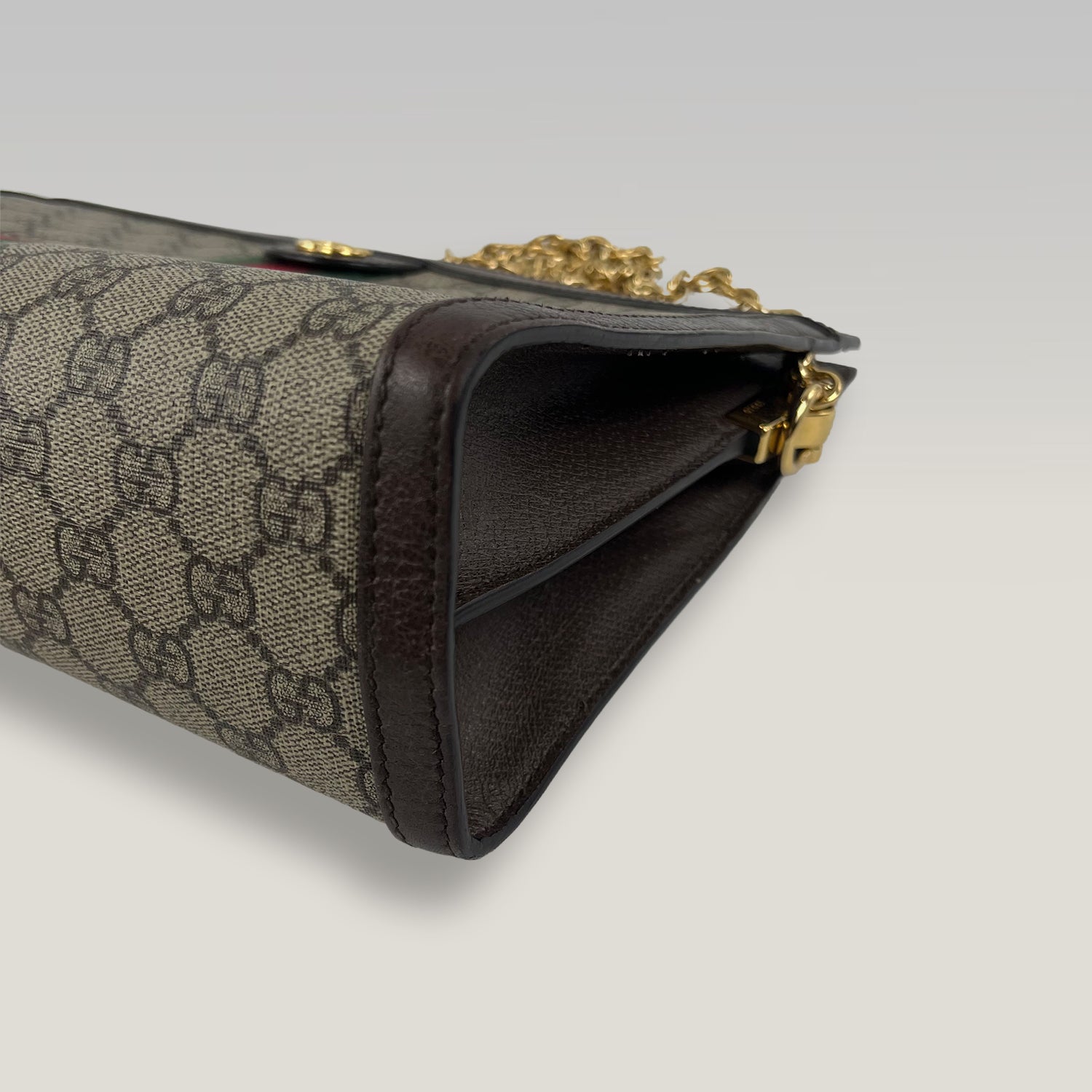 Gucci Ophidia Large GG Supreme Web Chain Shoulder Bag in Beige/Ebony Canvas and Brown Leather
