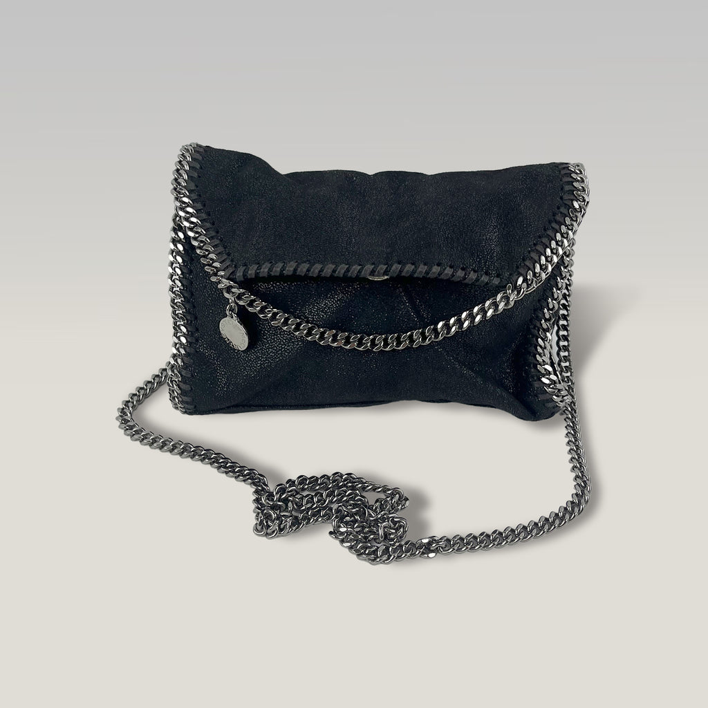 Stella McCartney Falabella Mini Fold Over Tote Bag Black Shaggy Deer Crossbody Bag