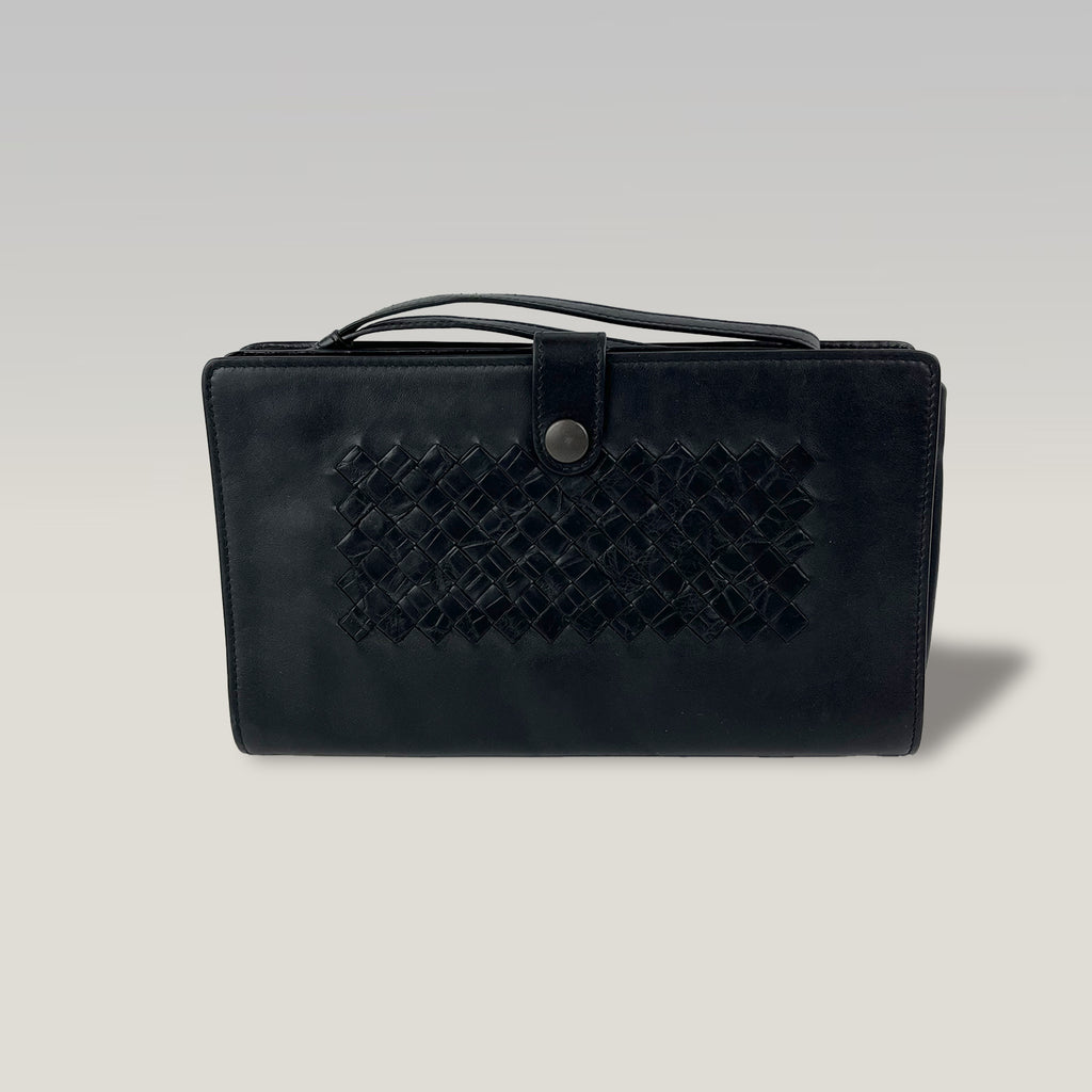 Bottega Veneta Portafoglio Continental in Pelle Nera Intrecciata | Portafoglio Uomo con Motivo Intrecciato