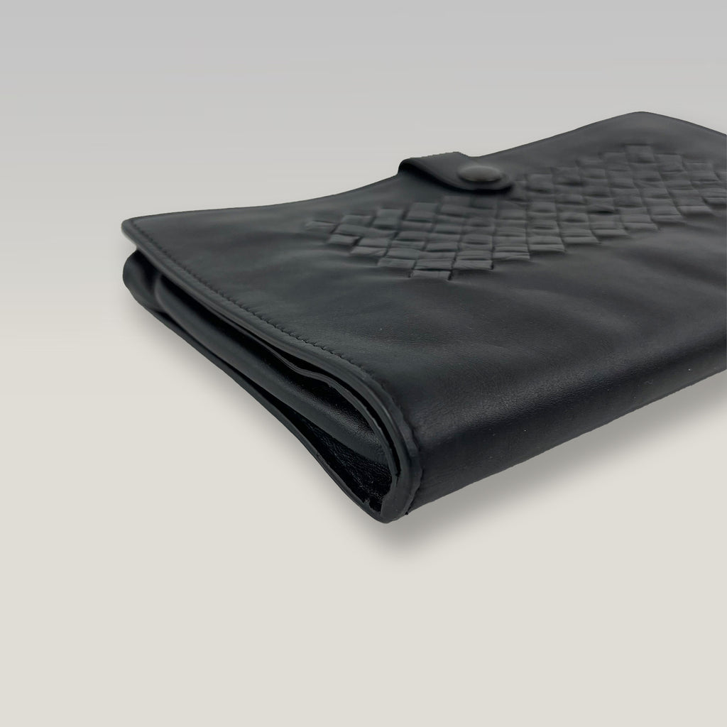 Bottega Veneta Portafoglio Continental in Pelle Nera Intrecciata | Portafoglio Uomo con Motivo Intrecciato