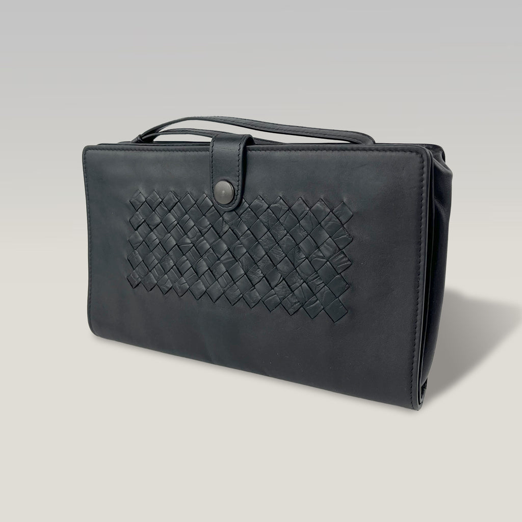 Bottega Veneta Portafoglio Continental in Pelle Nera Intrecciata | Portafoglio Uomo con Motivo Intrecciato