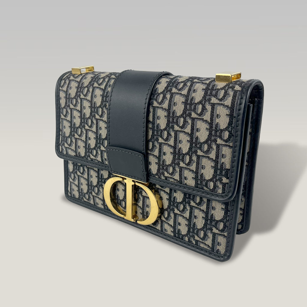 Dior 30 Montaigne Oblique Canvas Blue Shoulder Bag with Gold CD Clasp