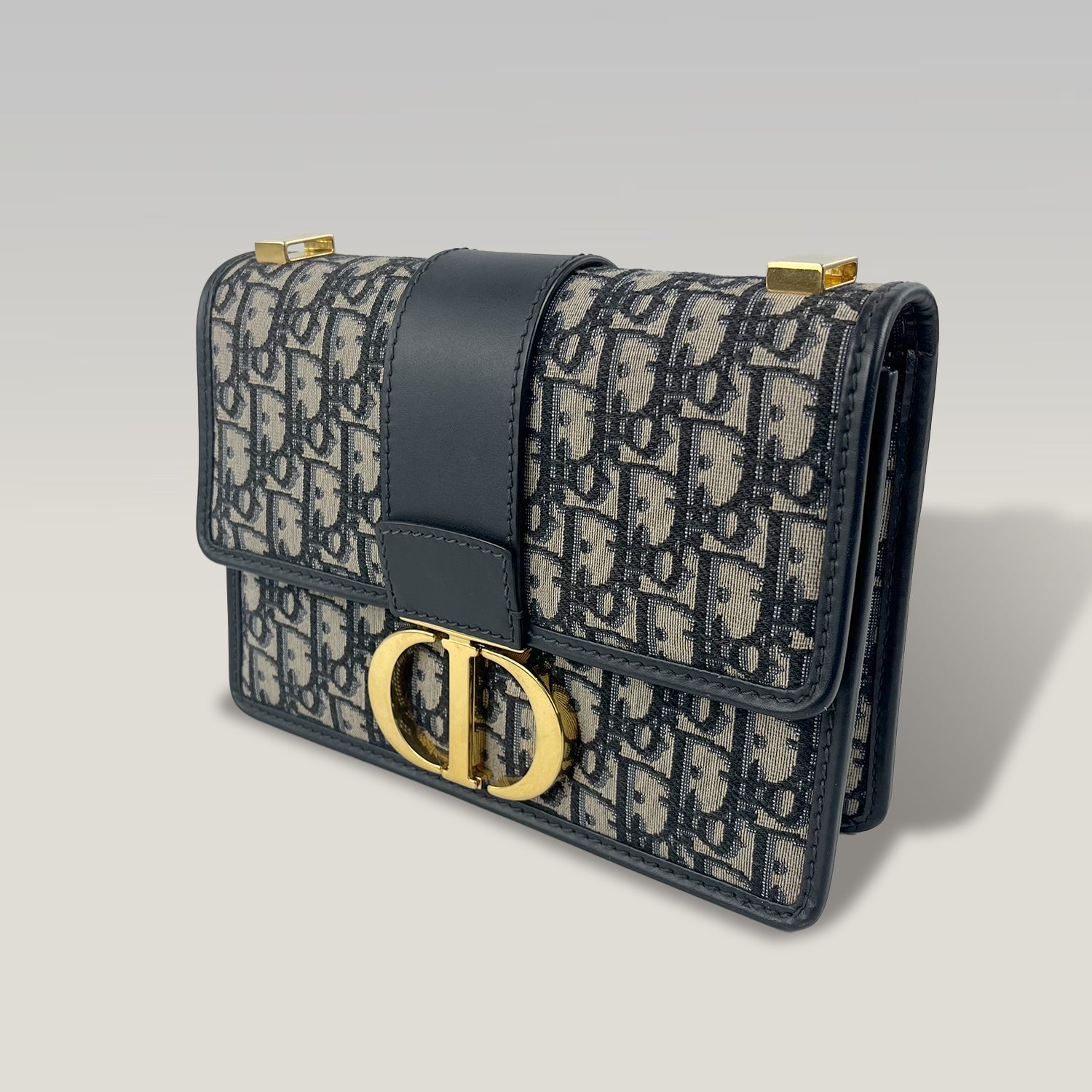 Dior 30 Montaigne Oblique Canvas Blue Shoulder Bag with Gold CD Clasp